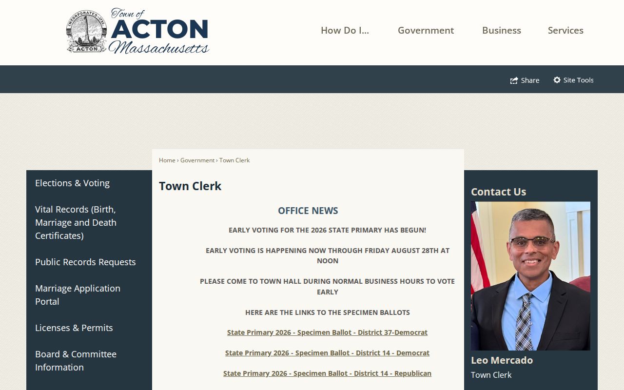 Acton residents directory Town Clerk records page