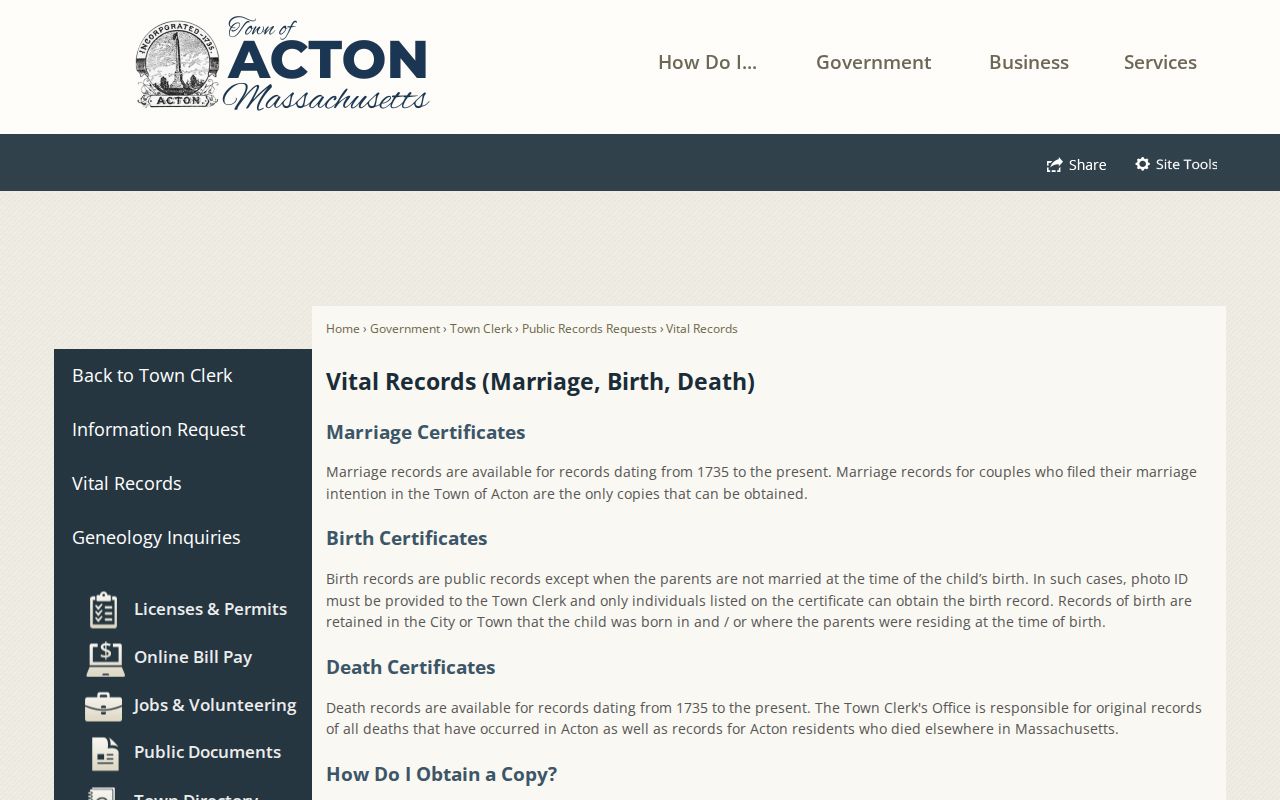 Acton resident lookup vital records access and certificate ordering
