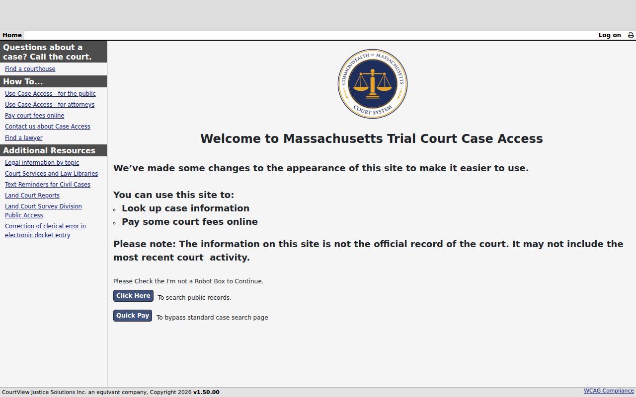 Acton resident lookup through the MassCourts public portal